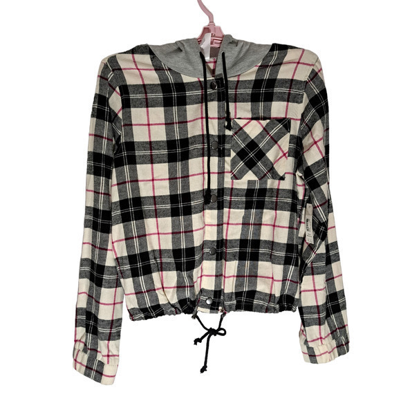 No Boundaries Hoodie Button Front Jackets Black Plaid Sz M 7-9 100% Polyester - Picture 1 of 3